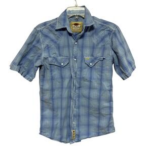 Larry Mahan Cowboy Collection Mens Blue Plaid Short Sleeve Button Up Shirt Small
